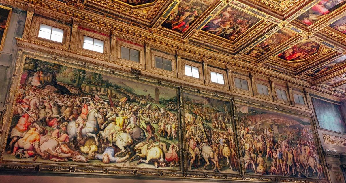 Hall of the Five Hundred: The Hall of the Five Hundred in the Palazzo Vecchio was a meeting hall where the Grand Council of Florence met. Large paintings show the victories of the new Duke and Florence. Vasari also painted 39 ceiling panels telling the life story of Cosimo I.