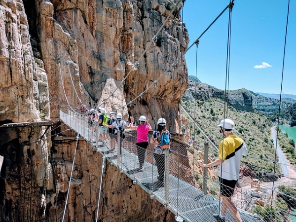 places to visit in Malaga: The Camino del Rey is one of the best places to visit in Malaga because this spectacular hiking path was once considered one of the most dangerous paths in the world. The Camino del Rey is unique because this aerial path is suspended against the walls of the canyon. Because of that, walking the Camino del Rey is one of the top things to do in Malaga for adventure seekers.