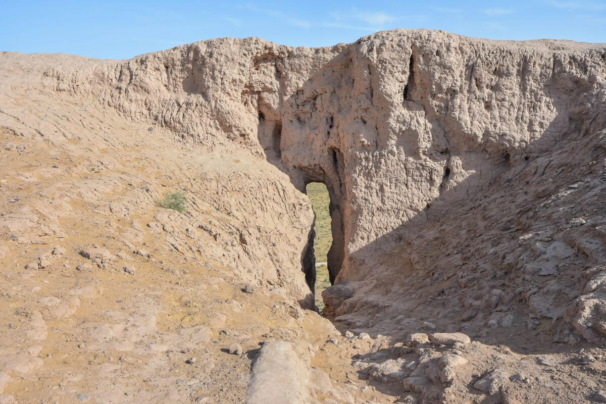 A view from inside Chilpik Tower of Silence - mud-brick walls 